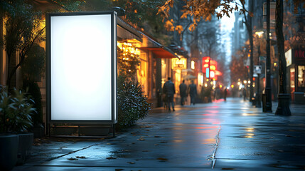 Poster - Blank billboard on a wet city street with blurred shops and pedestrians in the background.