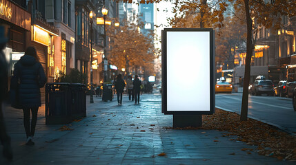 Poster - Blank billboard on city sidewalk with pedestrian.