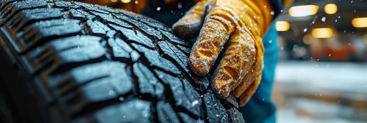 A professional mechanic in gloves changes a tire on the background of an automobile workshop