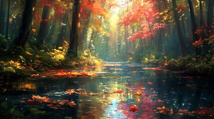 Wall Mural - A tranquil forest stream in autumn, with fallen leaves floating on the water and soft light filtering through the colorful canopy