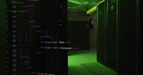 Poster - HTML code animation over server room with green lighting
