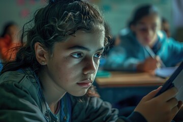 Poster - a young girl sits at a desk using a tablet computer, perfect for educational or personal use