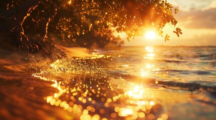 Wall Mural - Golden beach, golden waves of water on the shore, golden sand, golden sunlight shining through the trees, golden light reflecting on sparkling ocean