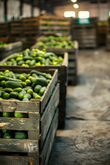 Wall Mural - Gherkins harvested in wooden boxes in a warehouse. Natural organic fruit abundance. Healthy and natural food storing and shipping concept.