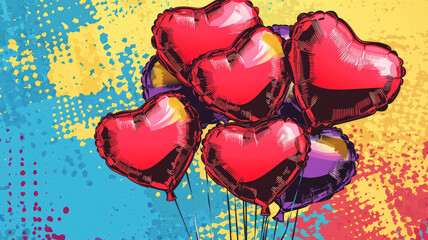 pop art heart shaped balloons. colorful background in pop art retro comic style. celebration background, detailed and intricate image