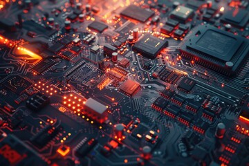 Poster - A close-up view of a computer circuit board with various components and wires