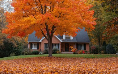 Colorful autumn leaves blanket a cozy home in a vibrant neighborhood during fall