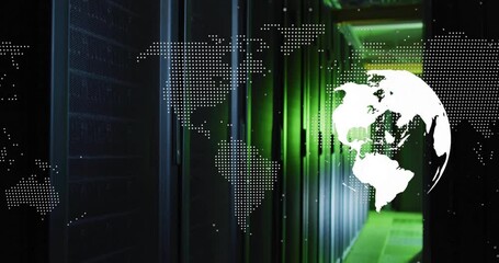 Poster - World map animation over data servers in dimly lit server room