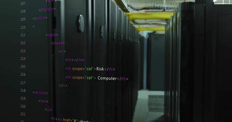 Poster - Computer code animation over server racks in data center