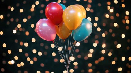 Wall Mural - colorful helium balloons floating with bokeh lights in the background, detailed high resolution image