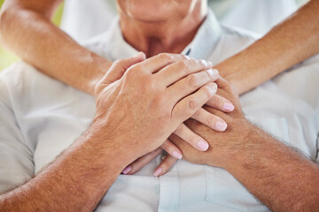 Canvas Print - Hug, holding hands and chest of senior couple for support, trust and comfort for care in home. Retirement, marriage and closeup of elderly man and woman together for kindness, help and wellness