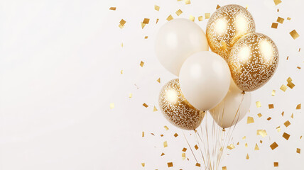 Wall Mural - white gold balloon background and scattered gold paper. premium background, detailed high definition image