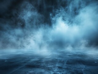 Blue dark abstract light in night background setting empty scene with smog old black fog under spotlight textured smoke 