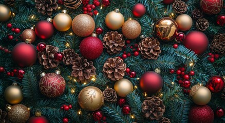 Wall Mural - Colorful Christmas ornaments and pinecones arranged on fresh evergreen branches during the holiday