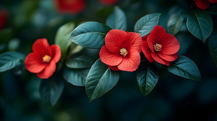 Wall Mural - Close up of vibrant red flowers blooming among lush green leaves.