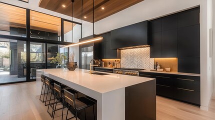 Wall Mural - Contemporary kitchen , Matte black cabinets , Glossy white countertops , Kitchen decor , Kitchen trends