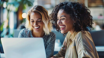 Wall Mural - Two women are sitting at a table with a laptop in front of them