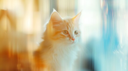 A soft-focus portrait of a fluffy orange cat, showcasing its curious expression against a blurred background.