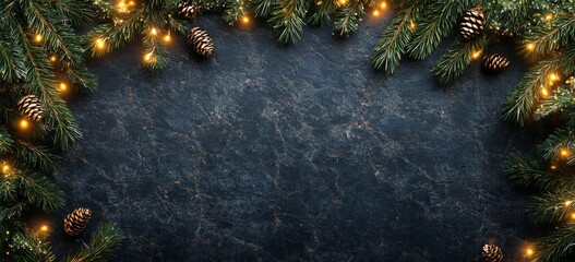 Wall Mural - Festive arrangement of pine branches and pinecones with twinkling lights on textured surface