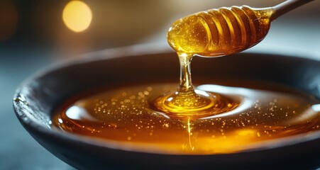 Sticker - Golden honey dripping from a wooden spoon into a shallow dish against a blurred background