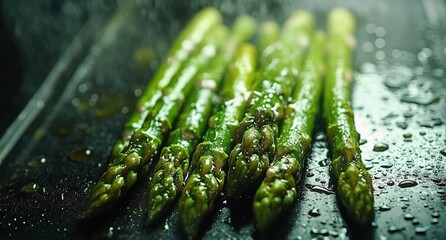 Poster - Freshly steamed asparagus spears glistening on a dark countertop with droplets of water