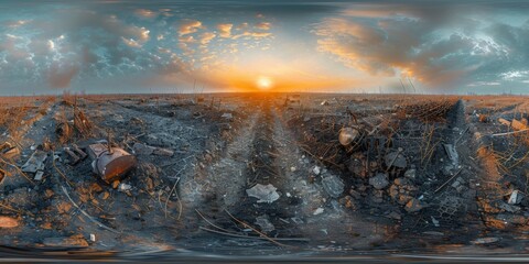 Wall Mural - An immersive 360-degree panorama of a war-ravaged landscape, where scars of battle and remnants of war machinery serve