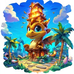 Wall Mural - Cute Dragon Sitting On A House