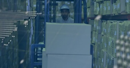 Poster - Warehouse worker operating forklift, data processing animation over storage shelves
