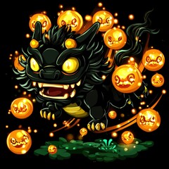 Wall Mural - Black Dragon with Pumpkin Fireballs