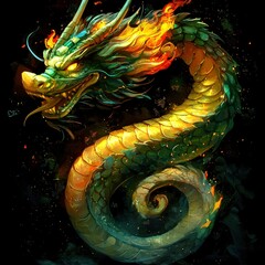 Wall Mural - Fiery Green Dragon with Golden Scales