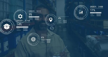 Poster - Warehouse worker with clipboard, data processing animation over inventory shelves