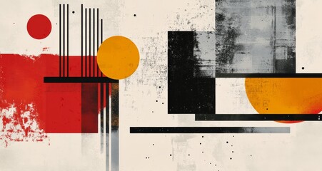 Wall Mural - Abstract geometric composition featuring circles and lines in vibrant colors and contrasting shades