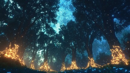 Wall Mural - The image depicts an enchanting forest at night. Tall trees with dense canopies are adorned with countless small lights, resembling fireflies or fairy lights, that create a mystical atmosphere. The sk