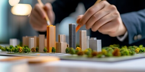 A miniature city model is placed on the table