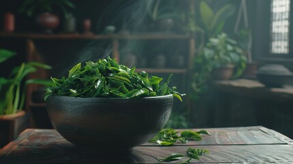 Fresh green tea leaves steaming in a bowl on a wooden table with a traditional Asian interior in the background.