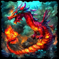 Wall Mural - Fiery Dragon in a Fantasy Landscape