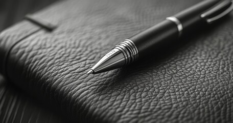 Elegant black leather notebook with a silver pen resting on top in a professional setting