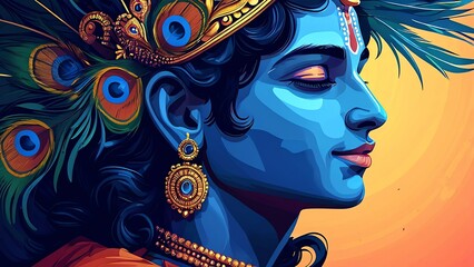 Colorful portrait of Krishna in a golden crown adorned with peacock feathers, vibrant cartoon style on an isolated background, new beautiful stock image illustration AI