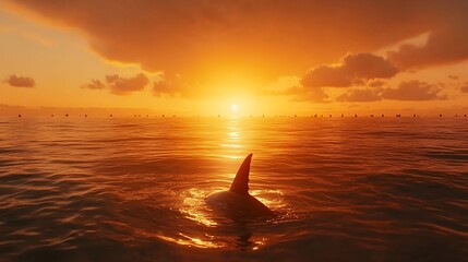 Ocean scene with a dramatic sunset, calm water surface, and a shark fin emerging in the foreground, teeming with distant surfers