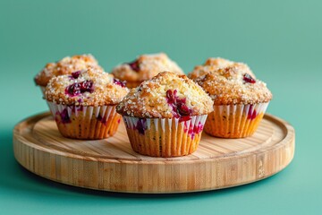 Five freshly baked muffins with cranberries and sugar on top, on a wooden board.