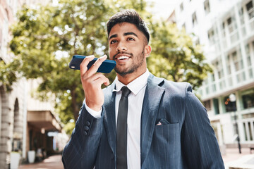 Poster - Phone call, business and man with loudspeaker, outdoor and conversation with connection. Person, lawyer and attorney in street, smartphone and discussion with digital app, contact and communication