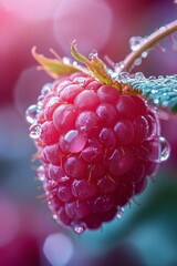 Wall Mural - Freshly picked raspberry glistening with water droplets in a lush garden during morning light