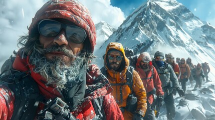 Poster - Depict a multigenerational group of hikers taking a selfie at Mount Everest Base Camp, showcasing their resilience and spirit of