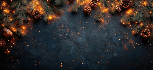 Sticker - Festive holiday decorations featuring pine branches, cones, and warm lights on a dark background