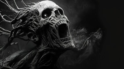 
A black and white portrait of an undead creature with its mouth open, set against a dark background. 