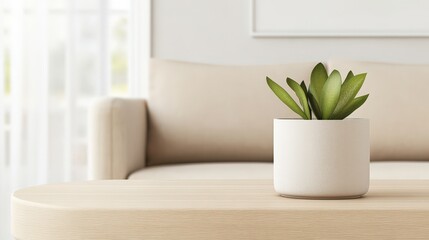 Wall Mural - A serene indoor scene featuring a succulent in a modern pot on a wooden table near a cozy sofa, perfect for home decor inspiration.