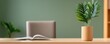 © Nat - A serene workspace featuring a laptop, an open book, and a potted plant, perfect for inspiration and productivity.