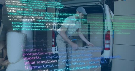 Poster - Computer code animation over delivery worker loading packages into van