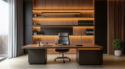 Wall Mural - luxurious home office , polished wooden desk , 
built-in shelves , minimalist home office , home office decor , luxurious home office on a budget