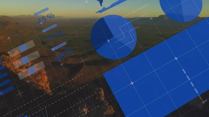 Poster - Data visualization animation over aerial view of landscape with mountains